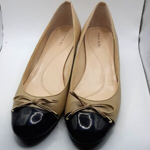 Tahari Tan and Black Flats with Bow Detail
